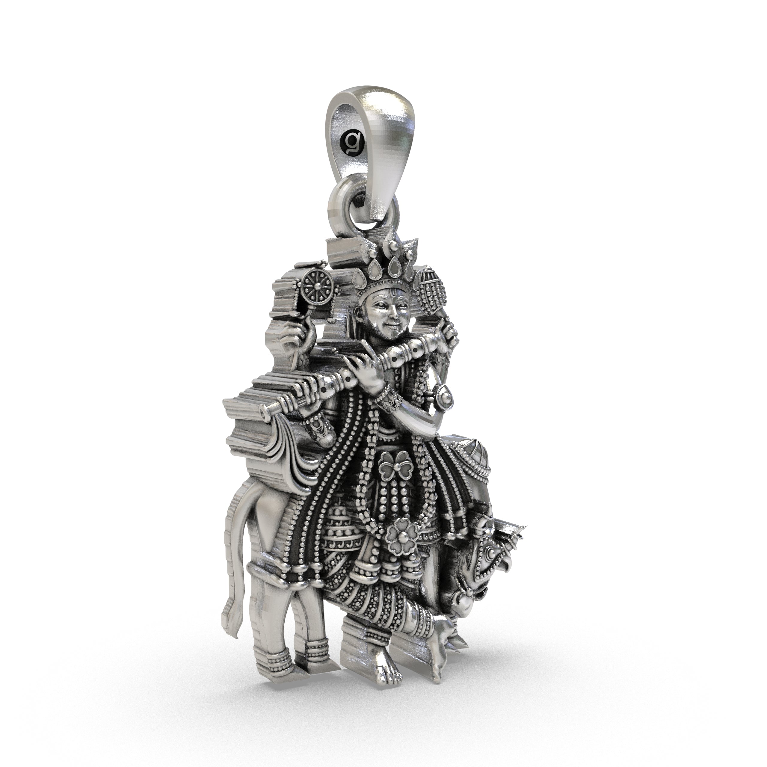 Close-up detail of the handmade Krishna pendant showing the fine craftsmanship on the 925 sterling silver surface.