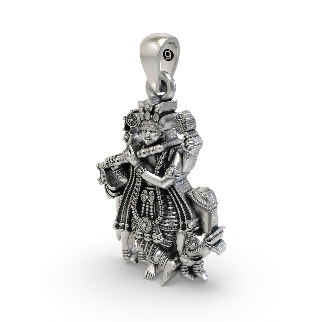 Side profile of the 925 sterling silver Krishna pendant, displaying its depth and three-dimensional artistic features.