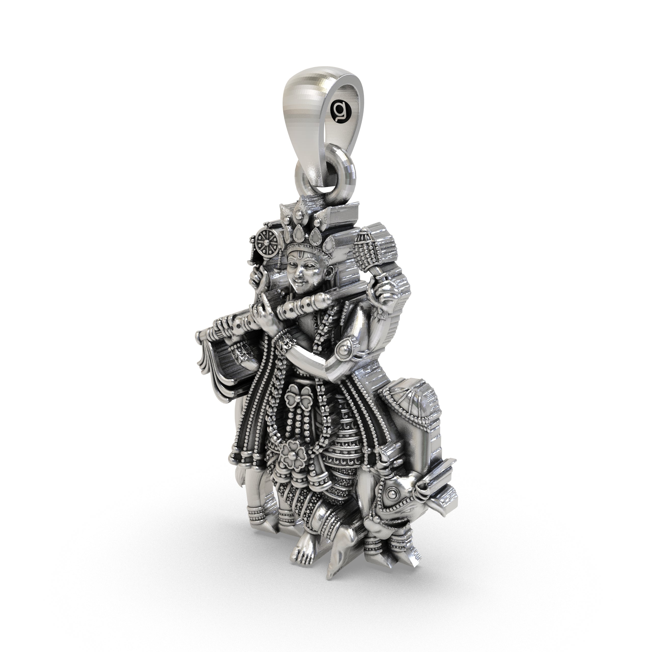 Side profile of the 925 sterling silver Krishna pendant, displaying its depth and three-dimensional artistic features.