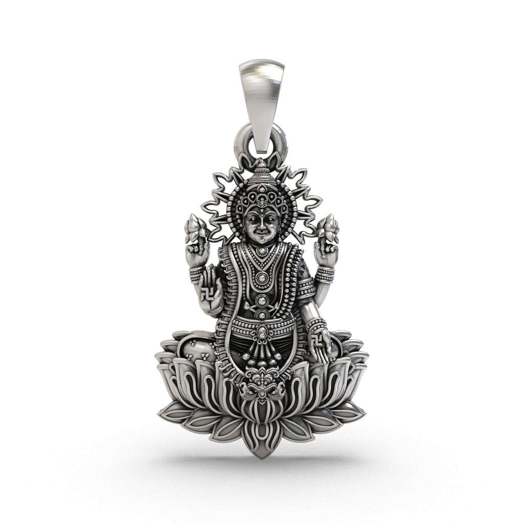 Front view of the handcrafted Lakshmi Maa lotus pendant in 925 sterling silver, showing the goddess blessing her devotees.