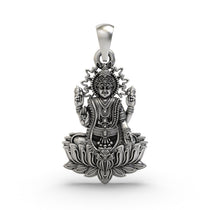 Front view of the handcrafted Lakshmi Maa lotus pendant in 925 sterling silver, showing the goddess blessing her devotees.