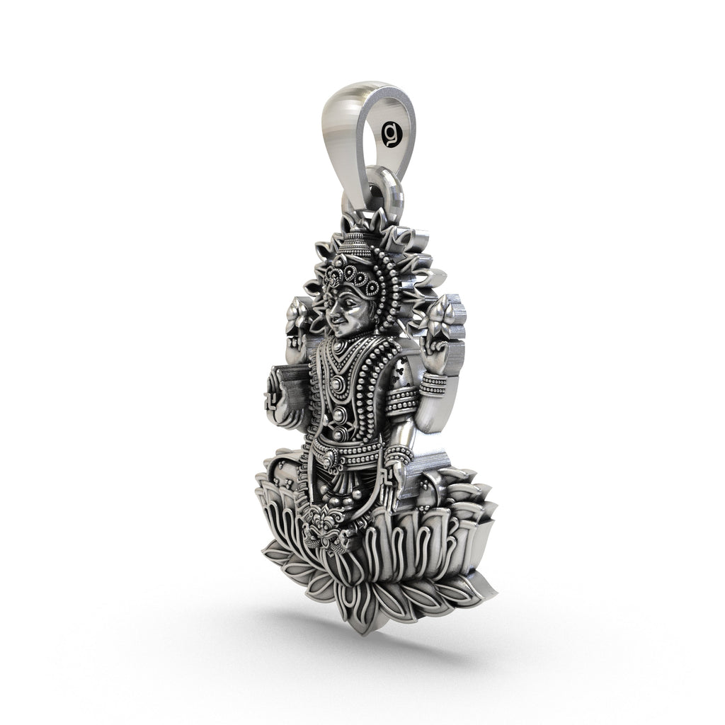 Angled profile of the 925 silver Lakshmi Maa pendant, highlighting the intricate temple-style details on the lotus flower.