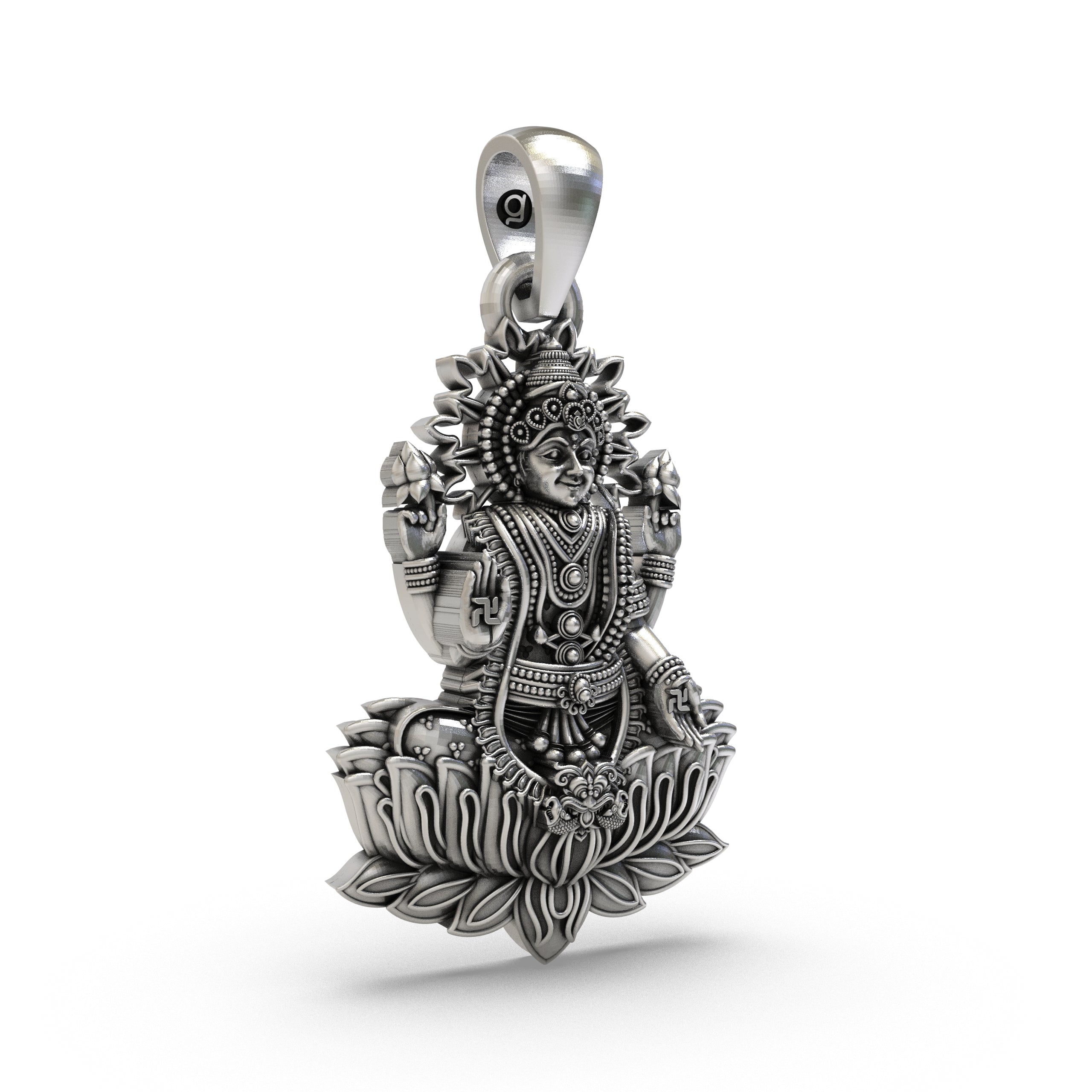 Close-up detail on the face and blessings of the Goddess Lakshmi Maa pendant, showcasing the fine 925 silver craftsmanship.