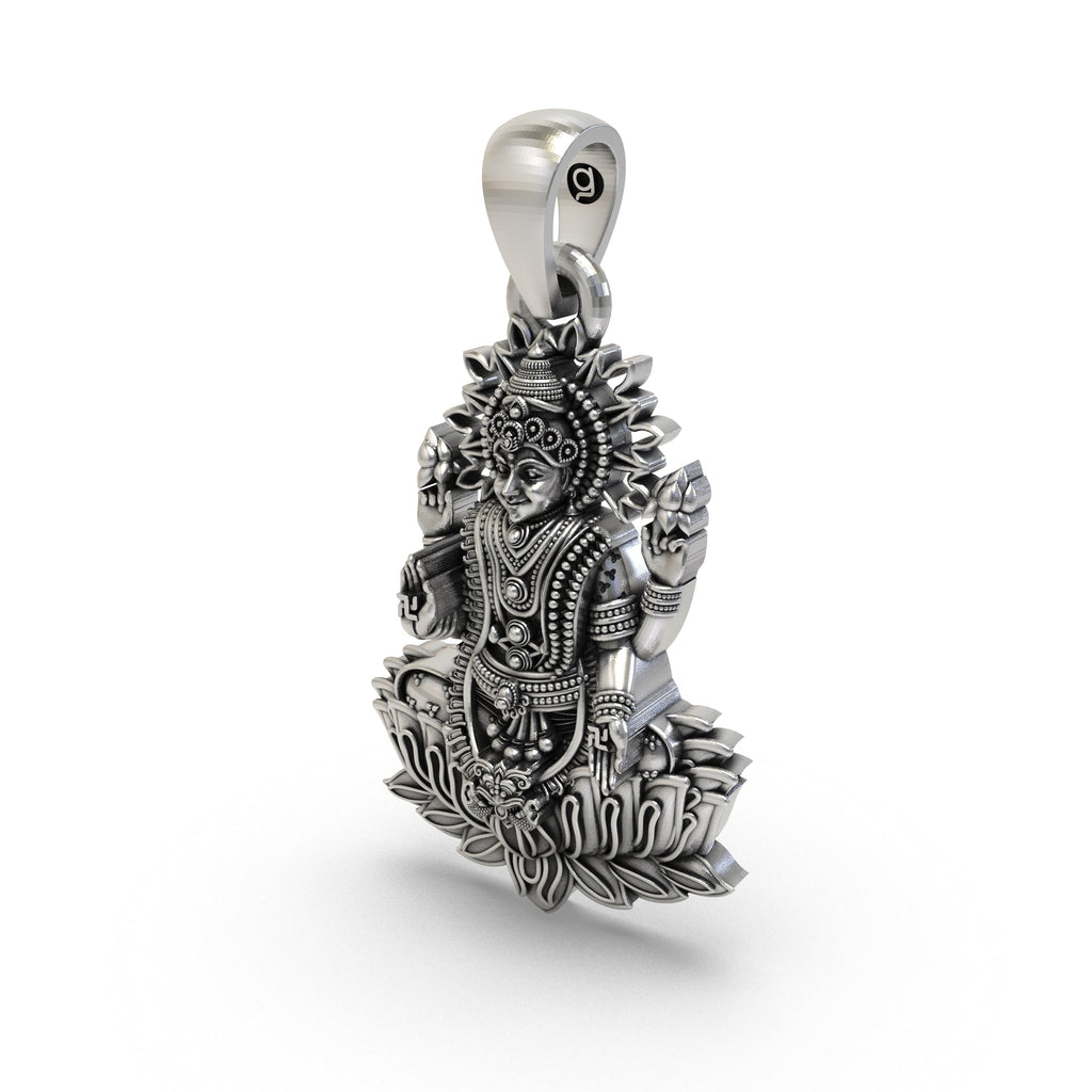 The complete Lakshmi Maa lotus pendant in 925 sterling silver, displaying its divine design and polished finish for daily