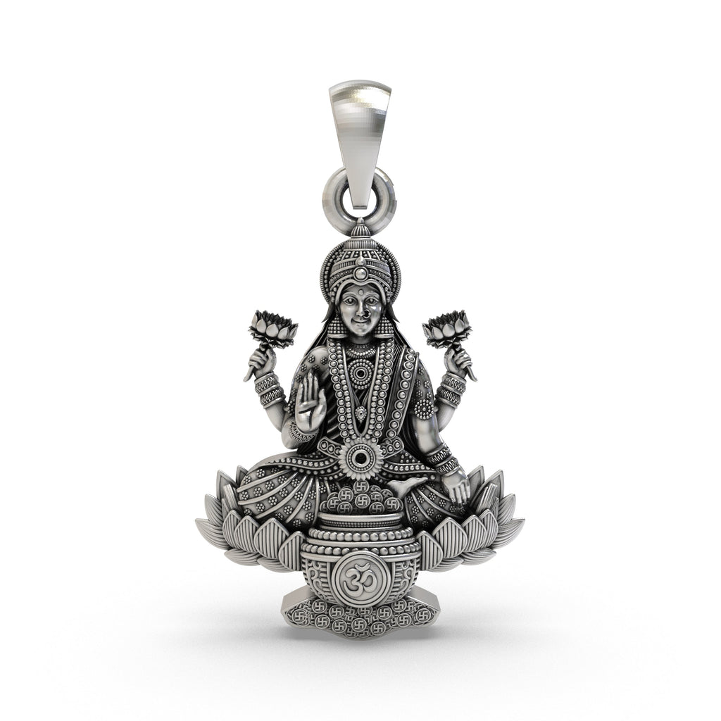 Front view of the handcrafted Lakshmi Maa Lotus Pendant in 925 sterling silver, showing the goddess on a lotus.