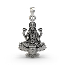 Front view of the handcrafted Lakshmi Maa Lotus Pendant in 925 sterling silver, showing the goddess on a lotus.
