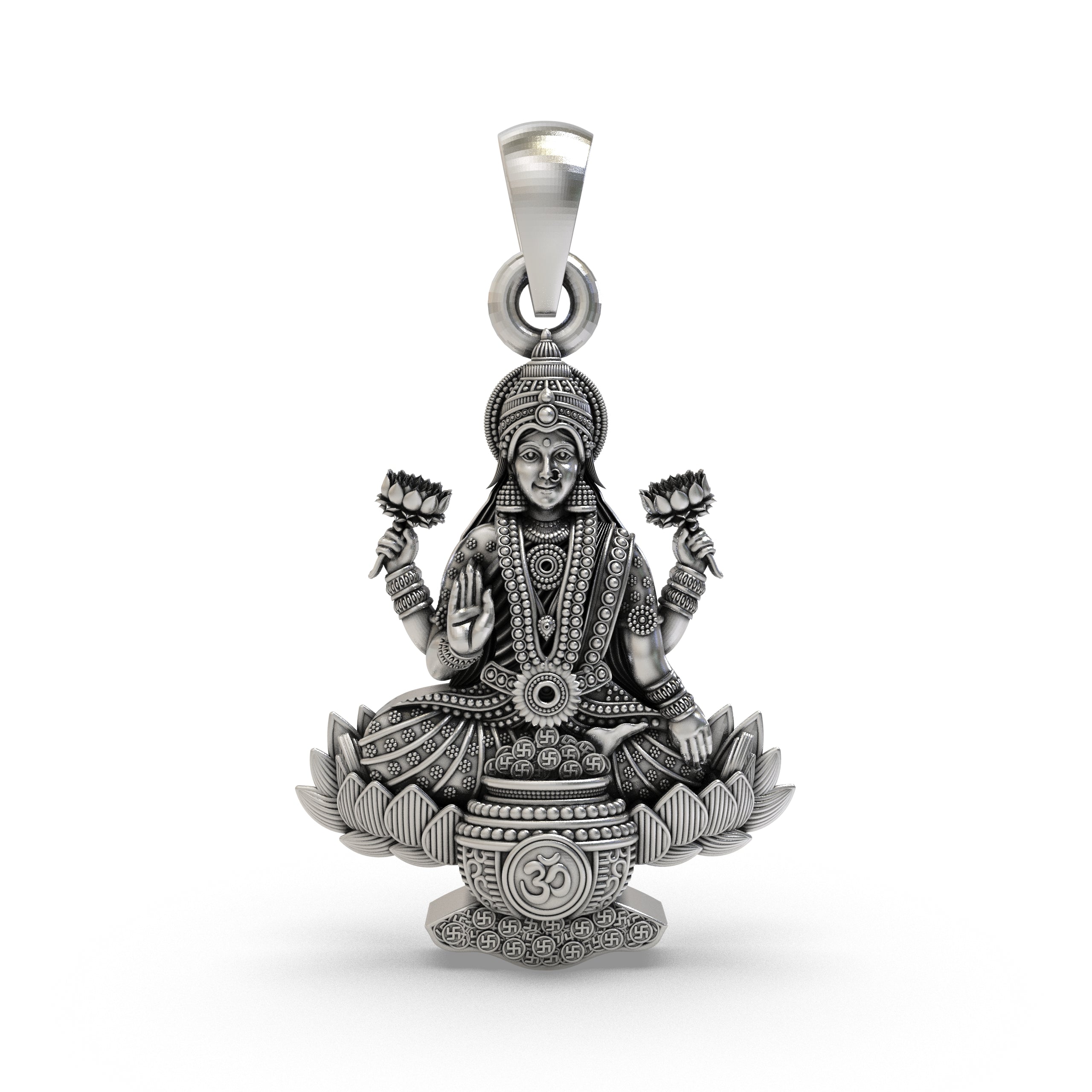 Front view of the handcrafted Lakshmi Maa Lotus Pendant in 925 sterling silver, showing the goddess on a lotus.