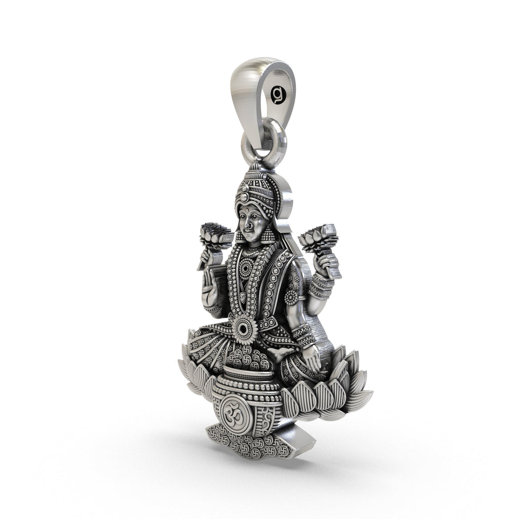 Angled profile of the sterling silver Lakshmi Maa Lotus Pendant, highlighting the intricate temple-style details.