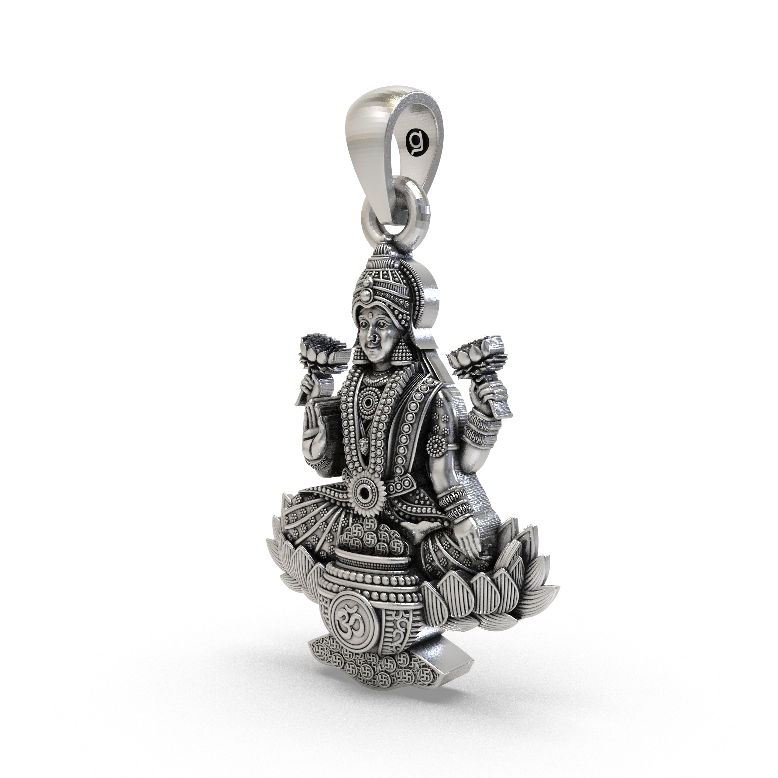 Angled profile of the sterling silver Lakshmi Maa Lotus Pendant, highlighting the intricate temple-style details.