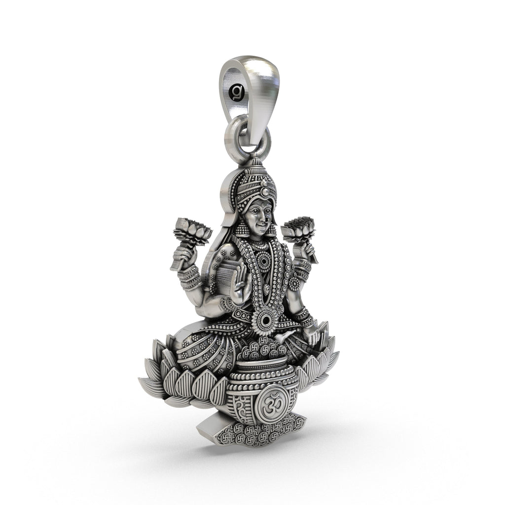 Close-up detail of the 925 silver Lakshmi Maa Lotus Pendant, focusing on the sacred Om symbol engraving below.