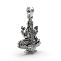 Close-up detail of the 925 silver Lakshmi Maa Lotus Pendant, focusing on the sacred Om symbol engraving below.