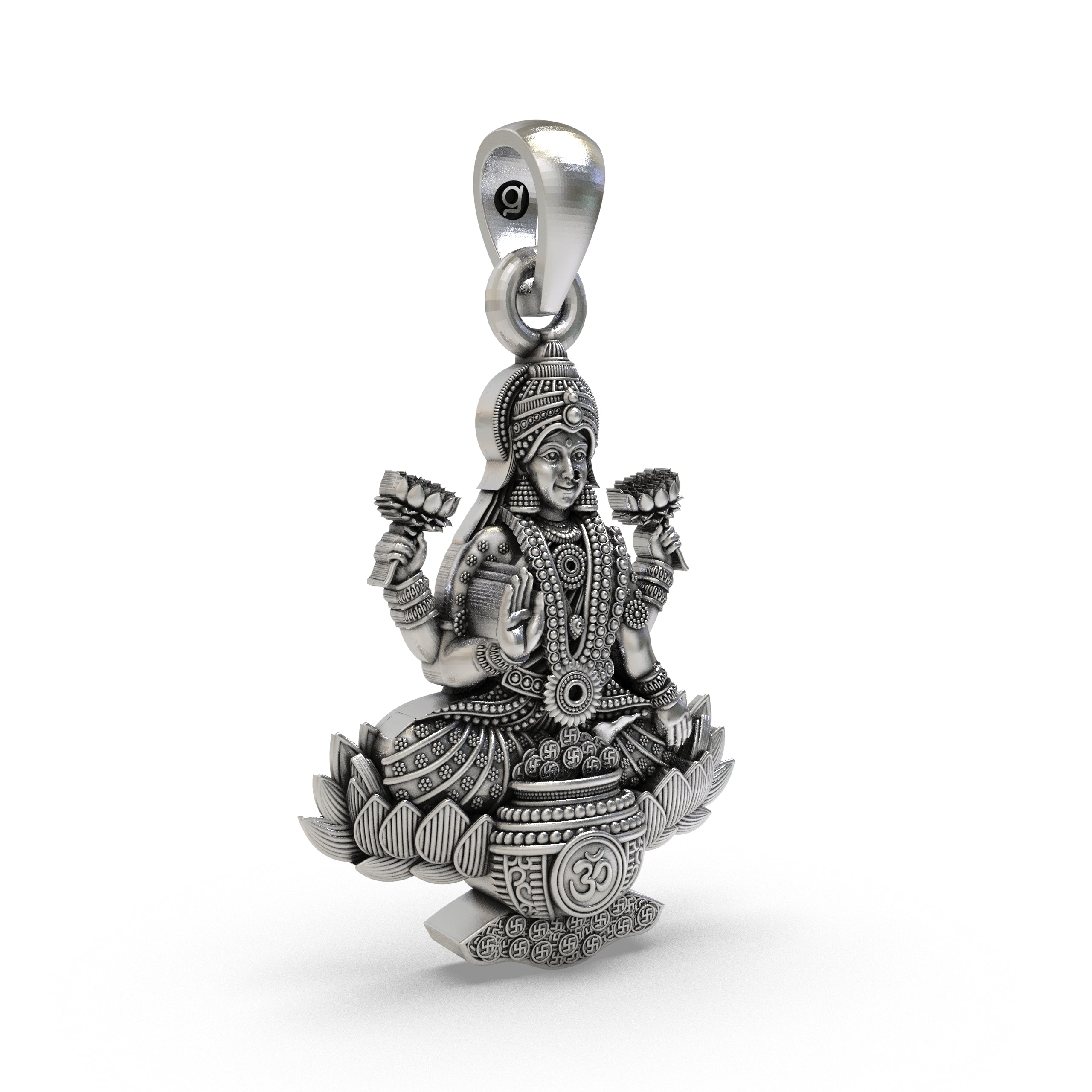 Close-up detail of the 925 silver Lakshmi Maa Lotus Pendant, focusing on the sacred Om symbol engraving below.
