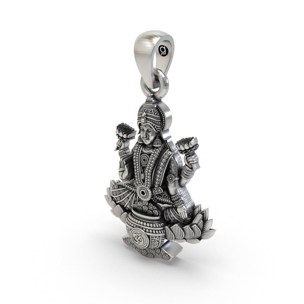 Three-quarter view of the Lakshmi Maa spiritual pendant in 925 silver, showcasing its fine craftsmanship and depth.