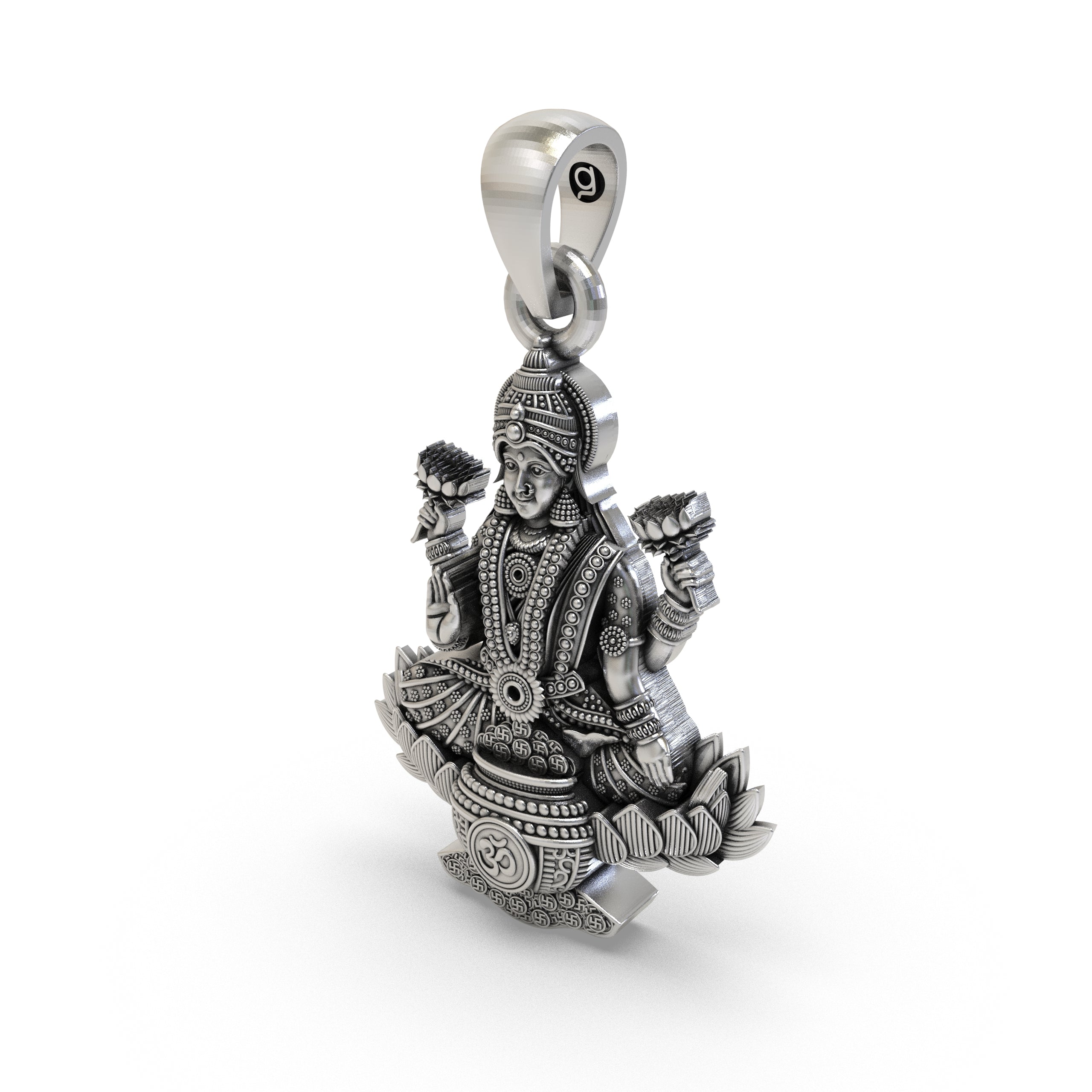 Three-quarter view of the Lakshmi Maa spiritual pendant in 925 silver, showcasing its fine craftsmanship and depth.