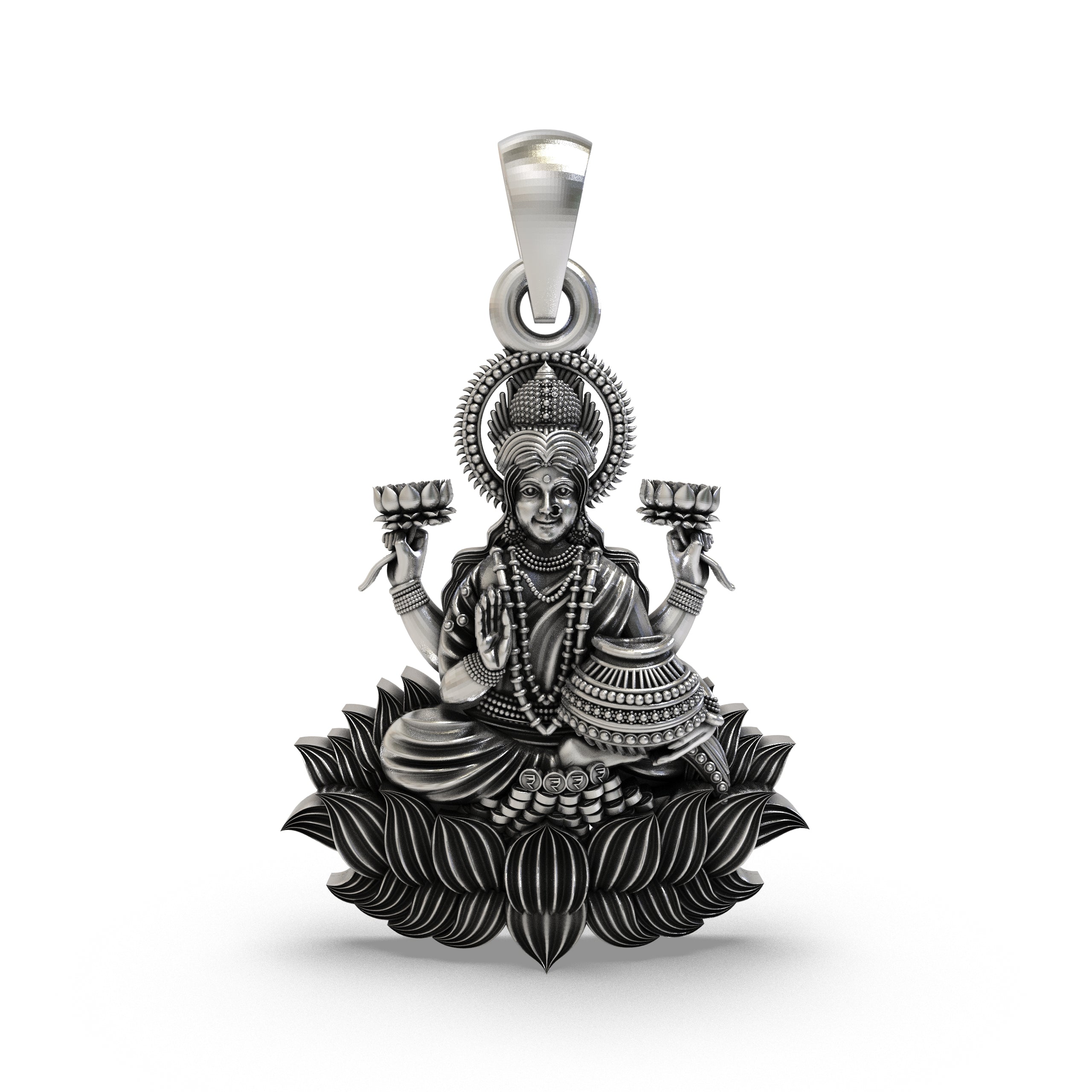 Front view of the handcrafted Lakshmi Maa lotus pendant in 925 sterling silver, showing the goddess seated on a lotus. Main image
