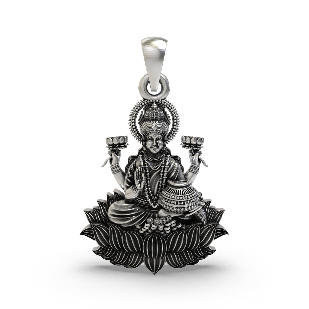 Front view of the handcrafted Lakshmi Maa lotus pendant in 925 sterling silver, showing the goddess seated on a lotus.