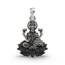 Front view of the handcrafted Lakshmi Maa lotus pendant in 925 sterling silver, showing the goddess seated on a lotus.