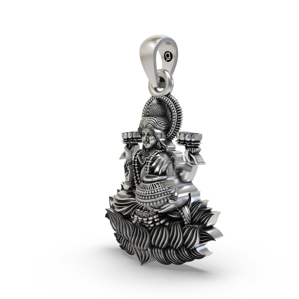 An angled view of the Alankar Lakshmi Maa pendant, highlighting the intricate temple-style details on the 925 silver lotus.