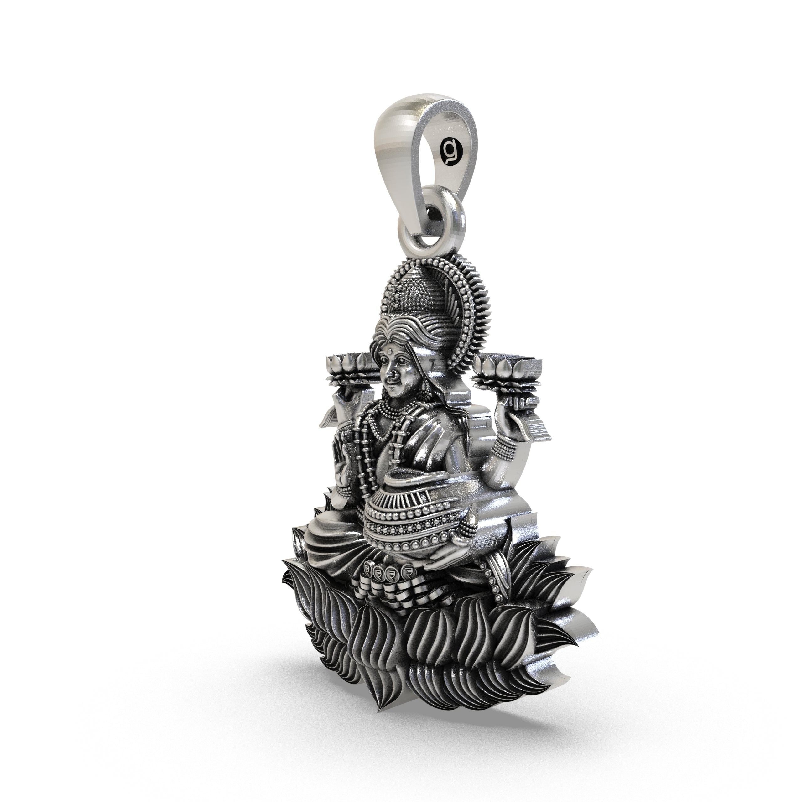 An angled view of the Alankar Lakshmi Maa pendant, highlighting the intricate temple-style details on the 925 silver lotus.
