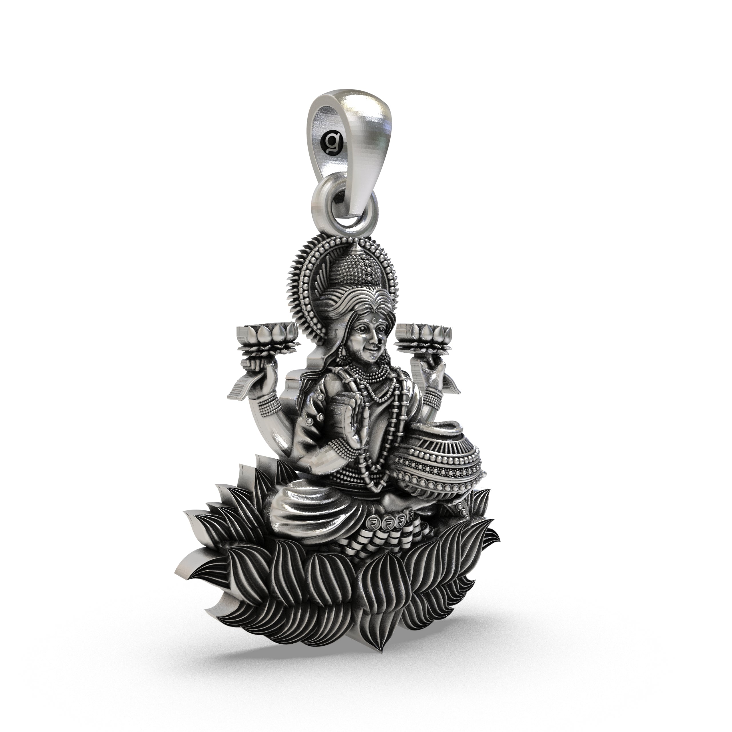 Close-up detail of the 925 sterling silver Lakshmi Maa pendant, showcasing the fine craftsmanship of the goddess's face.