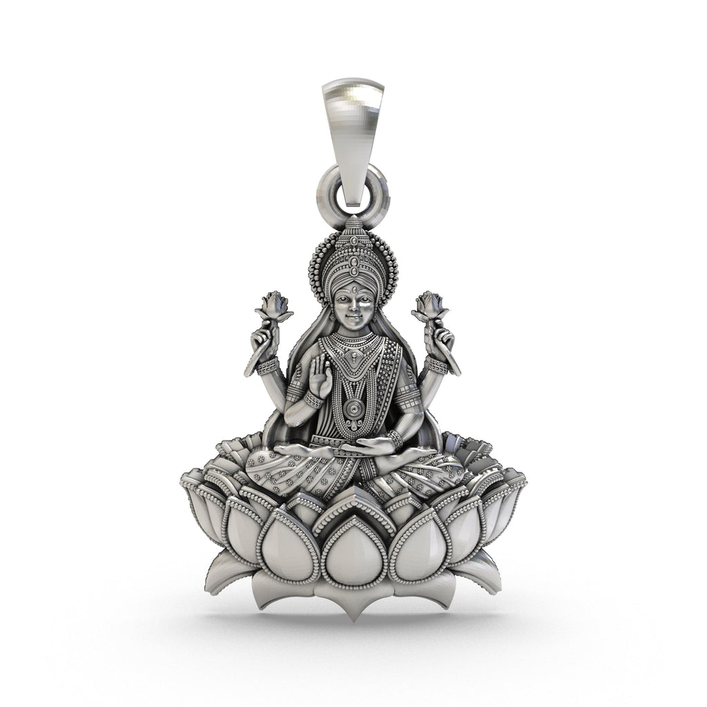 Front view of the handcrafted Lakshmi Maa Lotus Pendant in 925 sterling silver, showing the goddess seated.