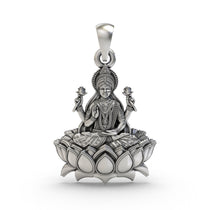 Front view of the handcrafted Lakshmi Maa Lotus Pendant in 925 sterling silver, showing the goddess seated.