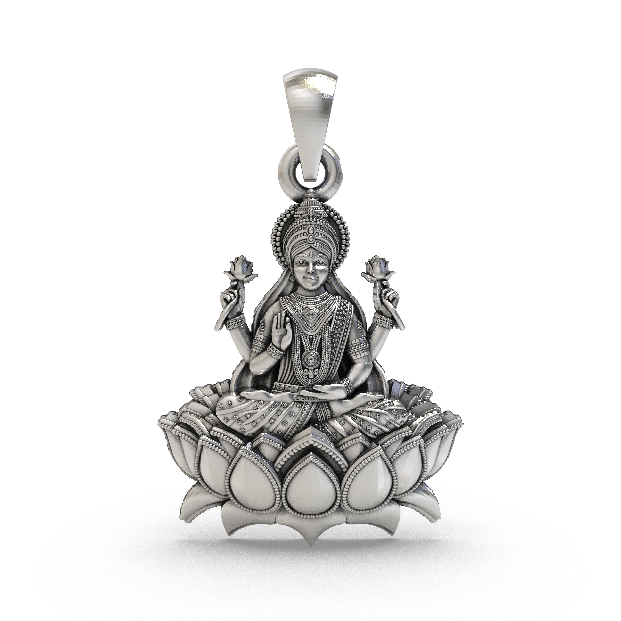 Front view of the handcrafted Lakshmi Maa Lotus Pendant in 925 sterling silver, showing the goddess seated.