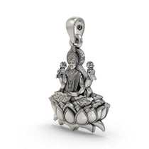 Angled profile of the 925 sterling silver Lakshmi Maa Lotus Pendant, highlighting the intricate temple-style details.