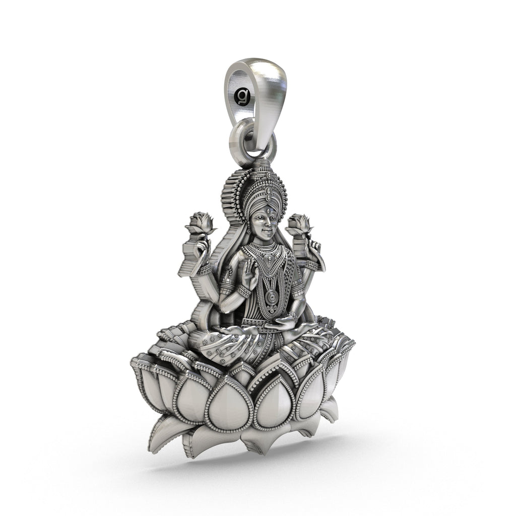 Close-up detail of the Lakshmi Maa Lotus Pendant, showcasing the fine craftsmanship on the 925 silver metal.