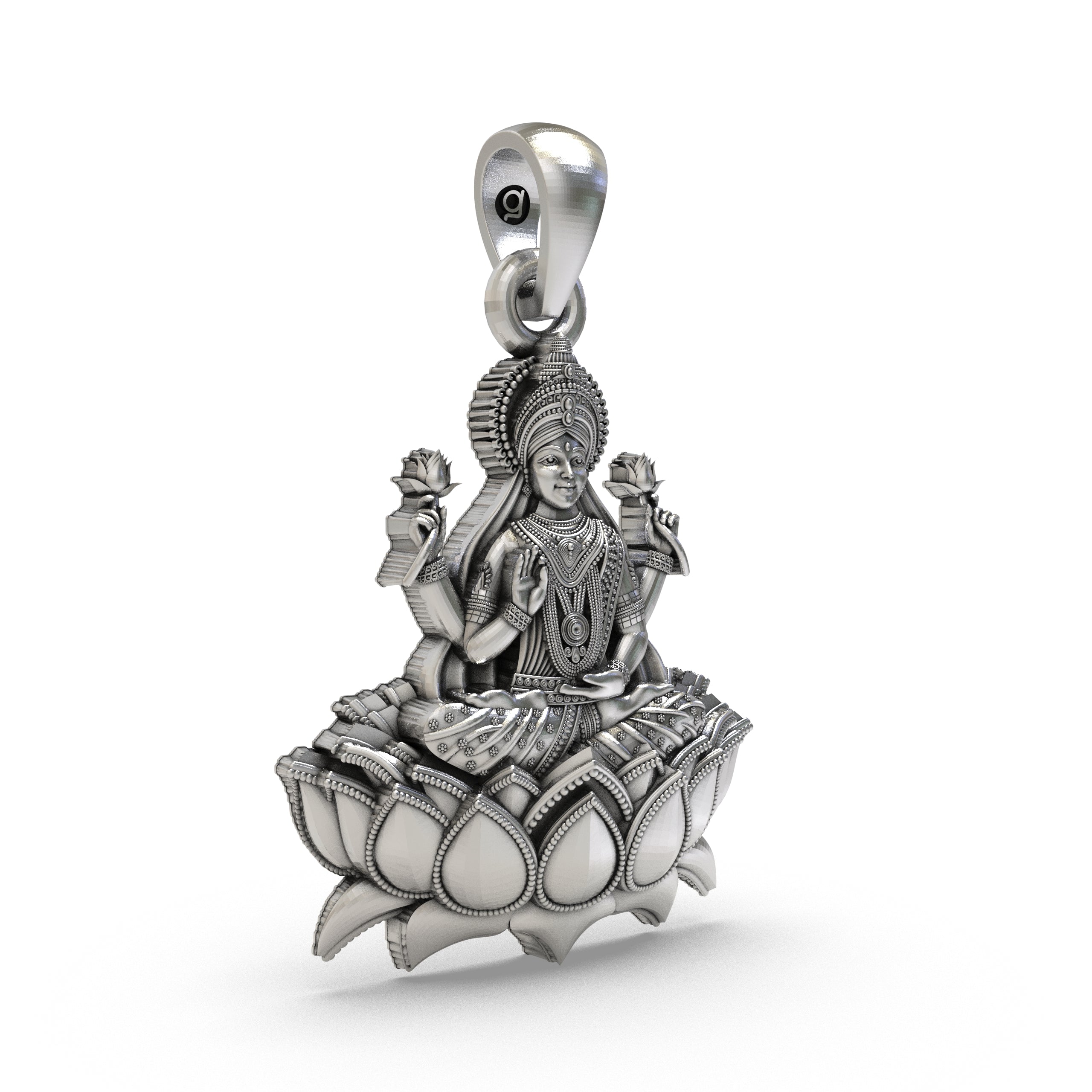 Close-up detail of the Lakshmi Maa Lotus Pendant, showcasing the fine craftsmanship on the 925 silver metal.