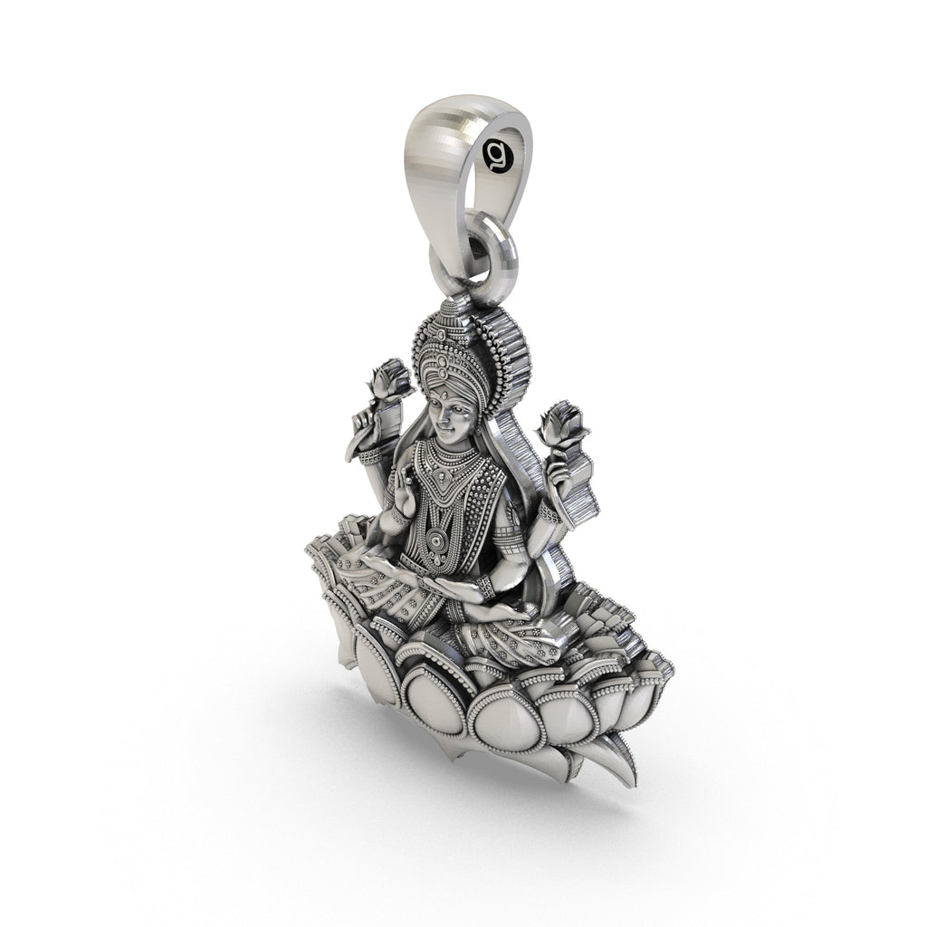The 925 sterling silver Lakshmi Maa Lotus Pendant shown to scale, a beautiful piece of Hindu spiritual jewelry.