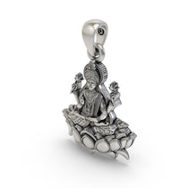 The 925 sterling silver Lakshmi Maa Lotus Pendant shown to scale, a beautiful piece of Hindu spiritual jewelry.