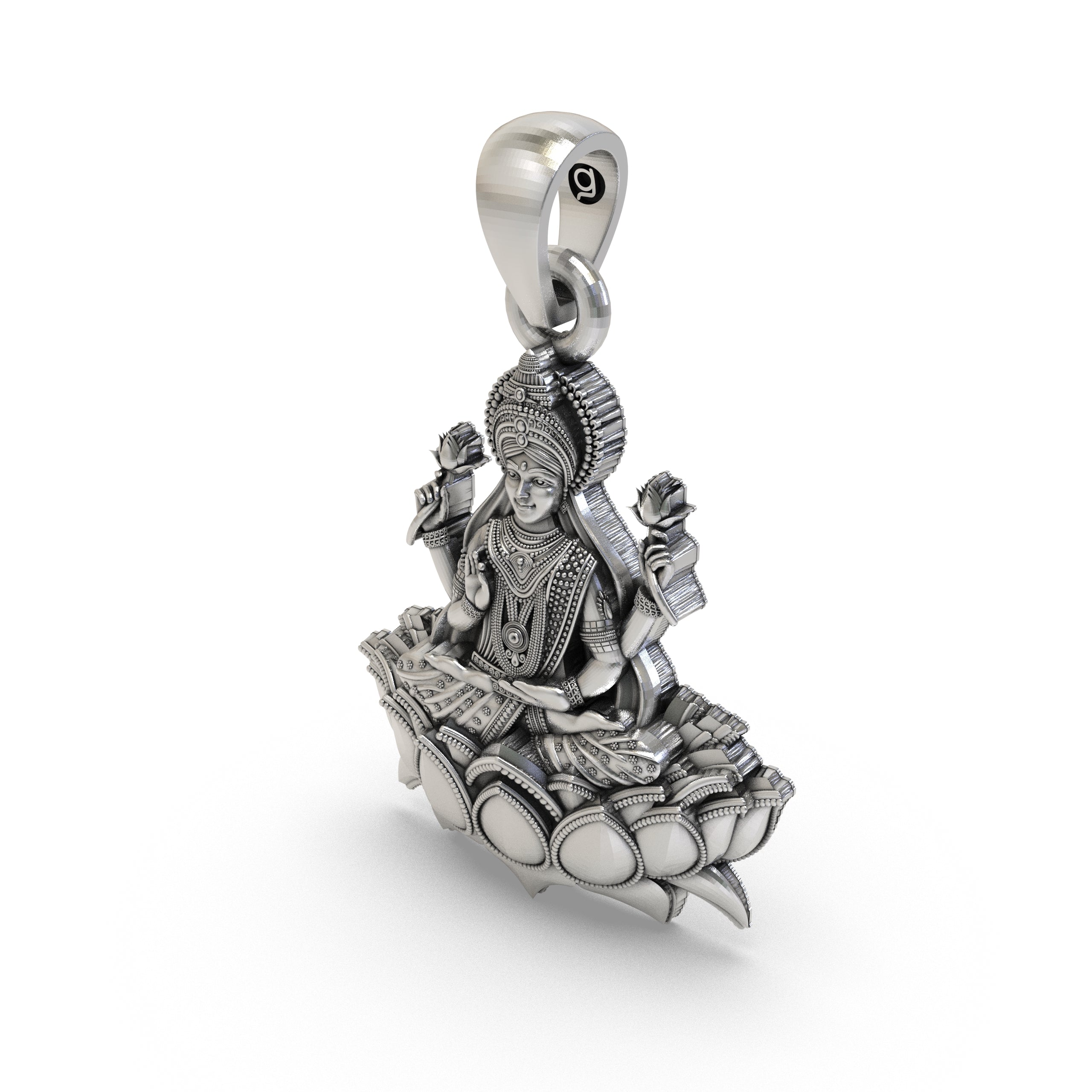 The 925 sterling silver Lakshmi Maa Lotus Pendant shown to scale, a beautiful piece of Hindu spiritual jewelry.