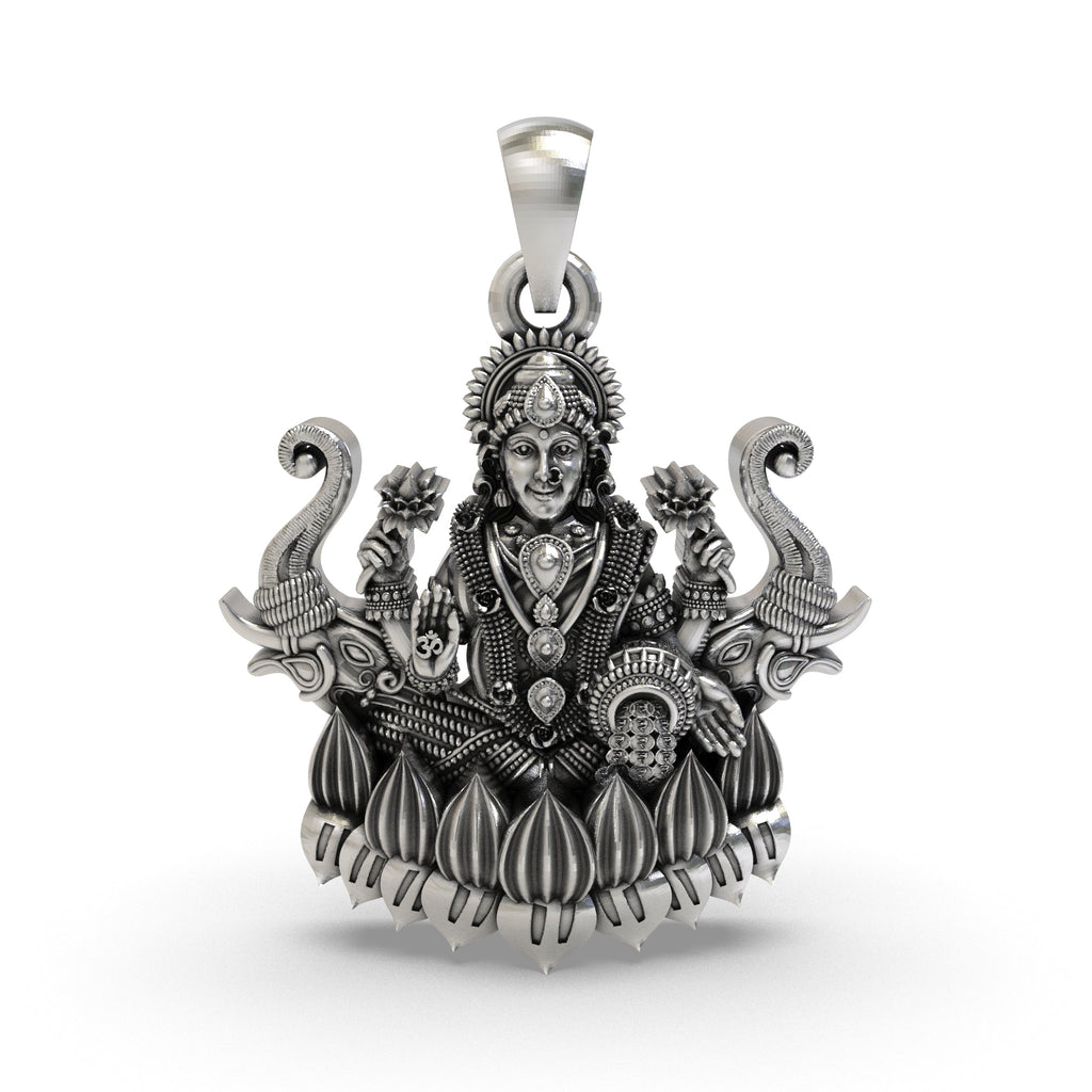 Front view of the handcrafted Lakshmi Maa with Elephants pendant in 925 sterling silver, showing the goddess on a lotus.