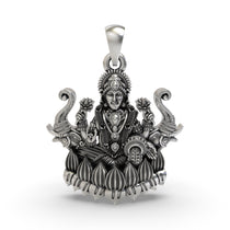 Front view of the handcrafted Lakshmi Maa with Elephants pendant in 925 sterling silver, showing the goddess on a lotus.