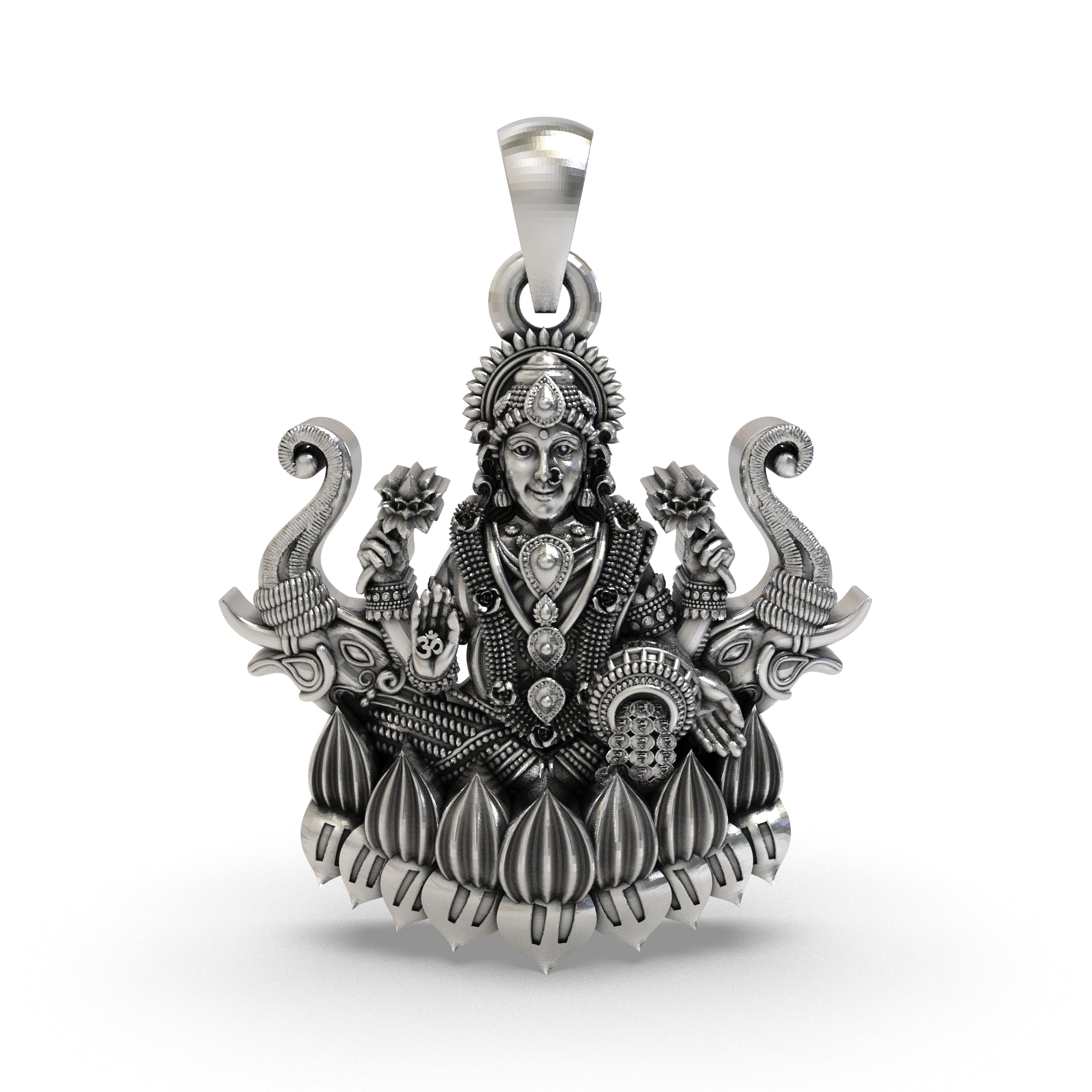 Front view of the handcrafted Lakshmi Maa with Elephants pendant in 925 sterling silver, showing the goddess on a lotus.