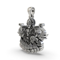 Angled profile of the 925 sterling silver Lakshmi Maa with Elephants pendant, highlighting its intricate design details.