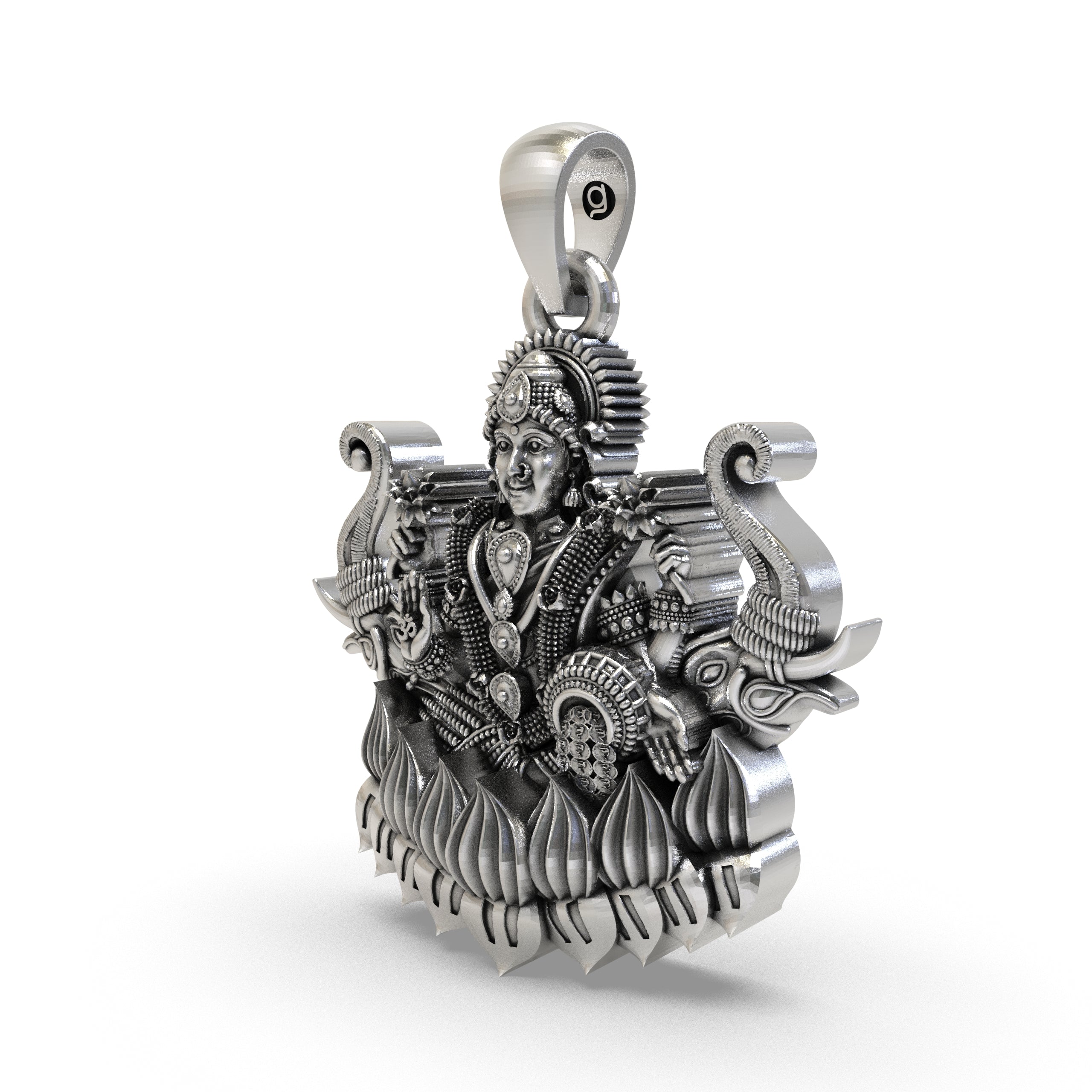 Angled profile of the 925 sterling silver Lakshmi Maa with Elephants pendant, highlighting its intricate design details.