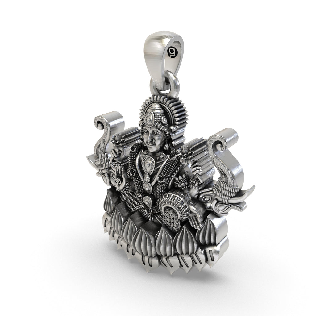 Detailed shot of the Lakshmi Maa with Elephants spiritual pendant in 925 silver, showcasing its unique finish.