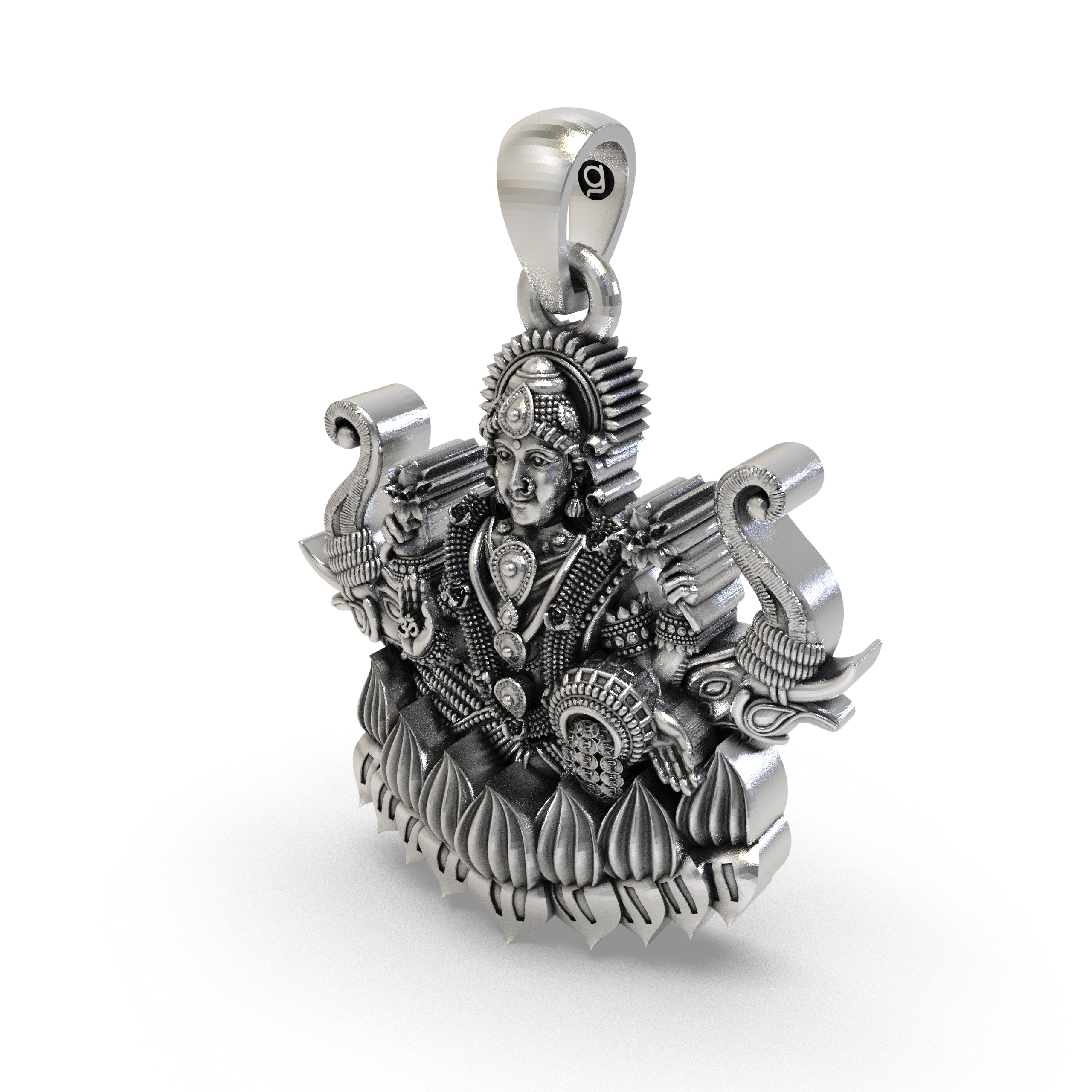 Detailed shot of the Lakshmi Maa with Elephants spiritual pendant in 925 silver, showcasing its unique finish.