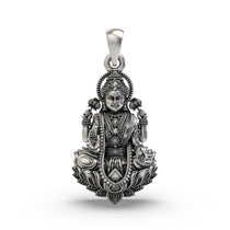 Front view of 925 sterling silver Goddess Lakshmi pendant seated on a lotus, handcrafted temple jewelry.
