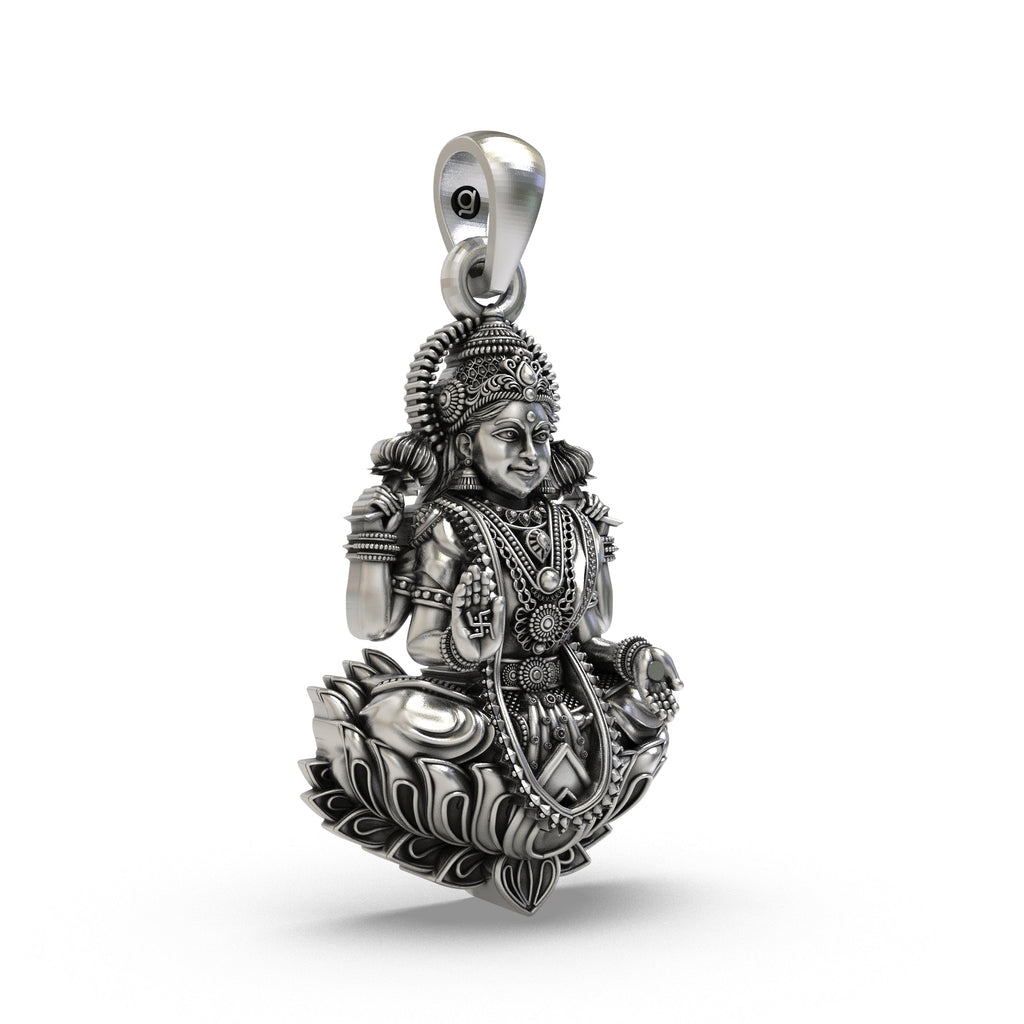 Side profile of the 925 silver Lakshmi lotus idol pendant, lightweight design for festive and daily wear.