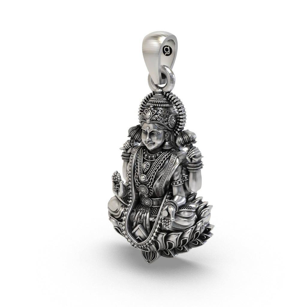 Back and worn look of the handcrafted sterling silver Goddess Mahalakshmi pendant, perfect for gifting.