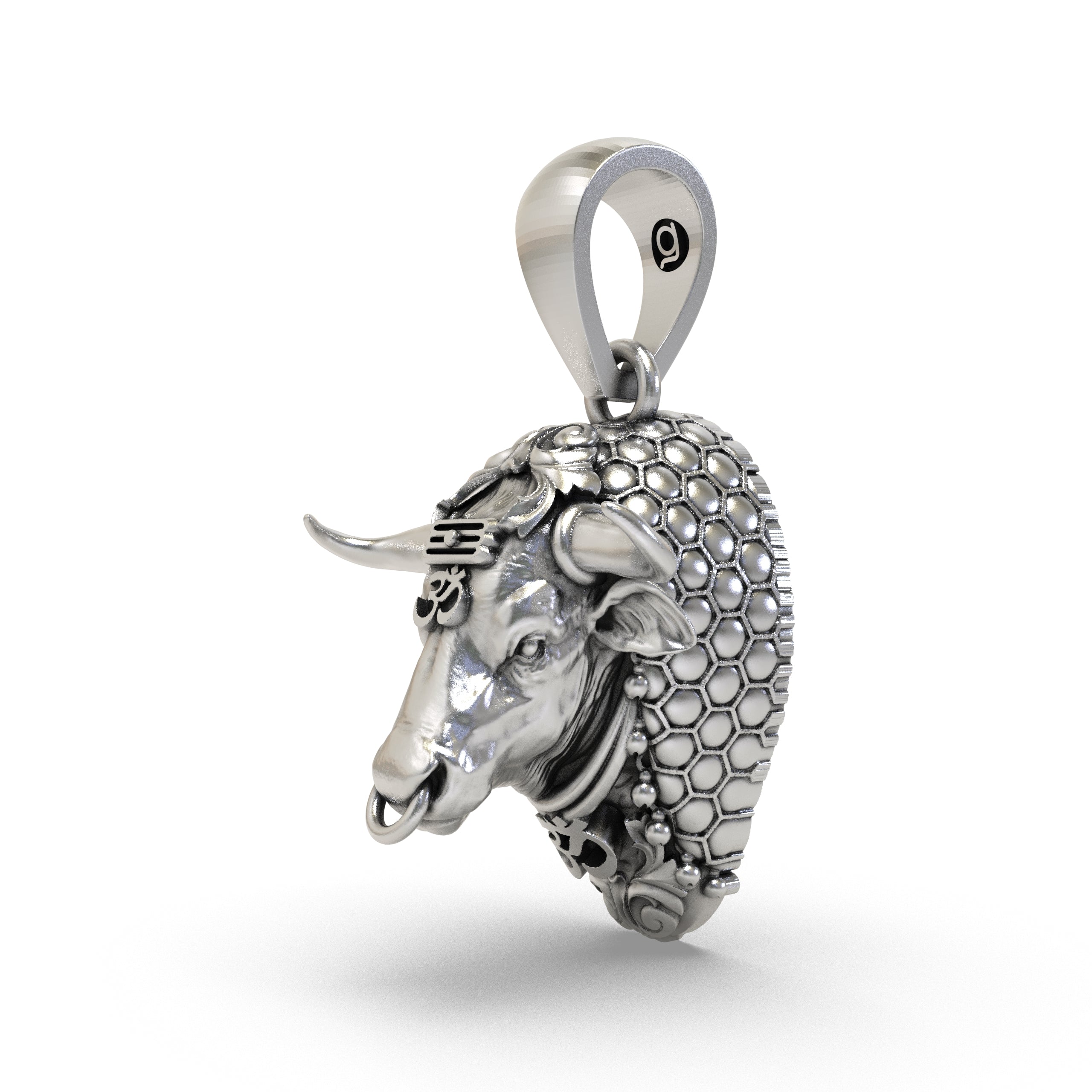 Close-up detail of handcrafted sterling silver Nandi pendant highlighting the temple-style finish.
