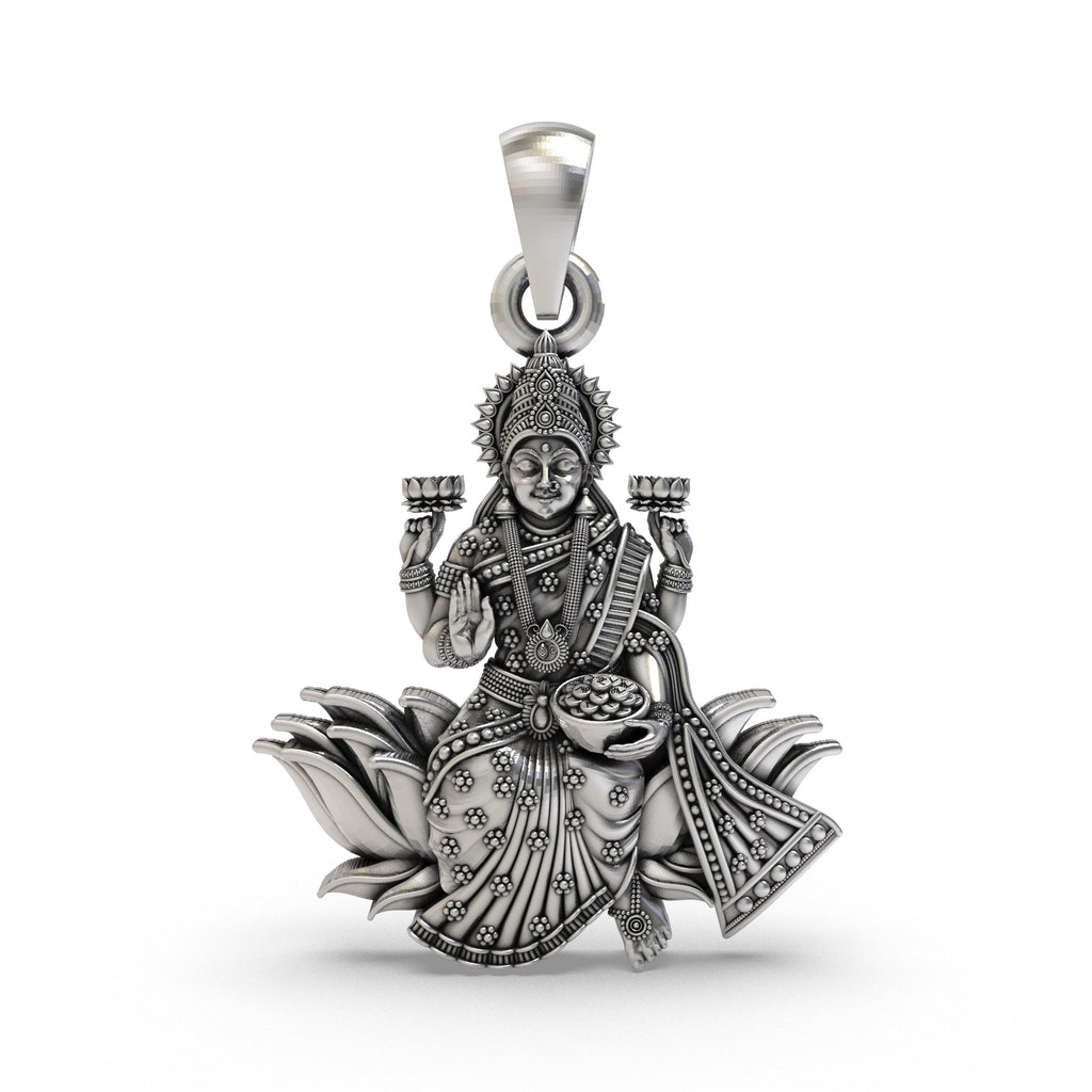 Front view of the handcrafted Lakshmi Maa Lotus Pendant in 925 sterling silver, showing the goddess seated on a lotus.
