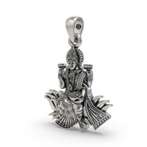 Angled profile of the 925 silver Lakshmi Maa pendant, highlighting the intricate temple-style detailing and craftsmanship.