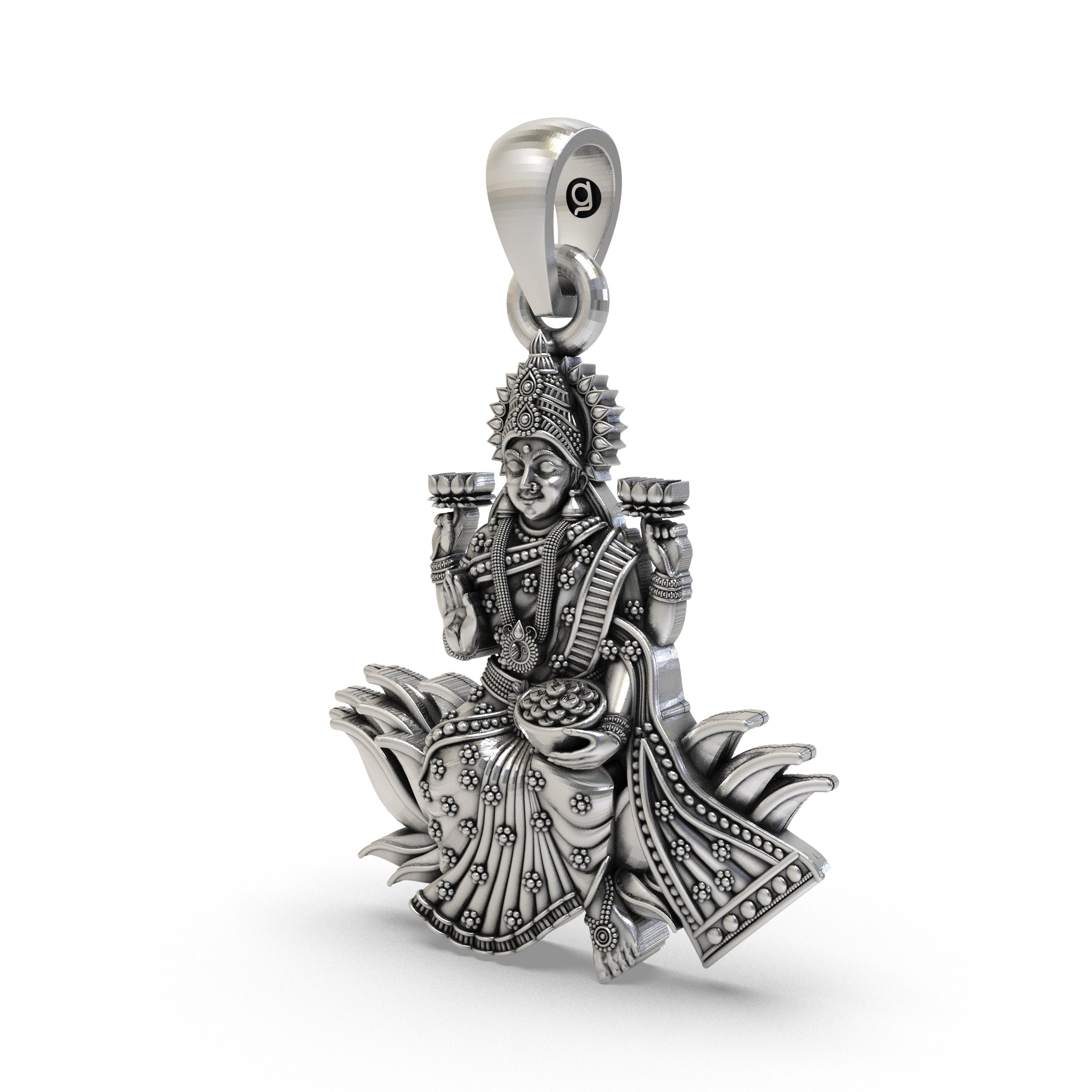 Angled profile of the 925 silver Lakshmi Maa pendant, highlighting the intricate temple-style detailing and craftsmanship.