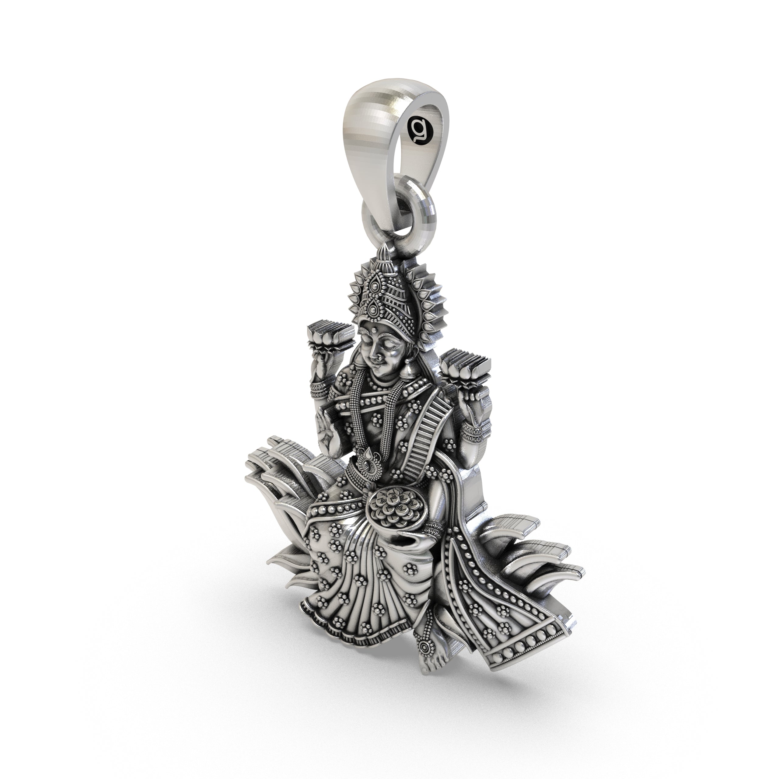 The 925 sterling silver Lakshmi Maa lotus pendant with an oxidized finish, emphasizing its traditional, handmade appeal.