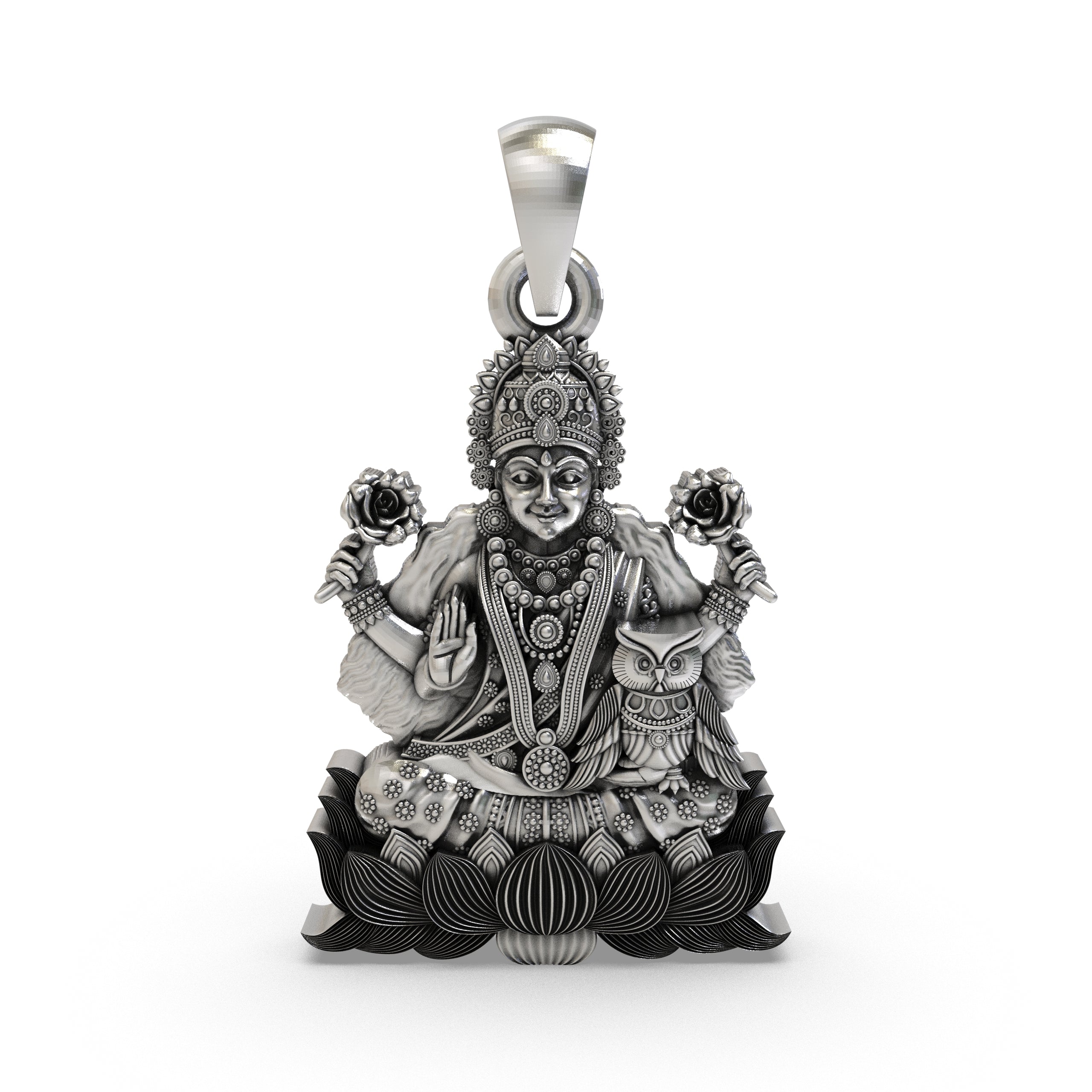 Front view of the 925 sterling silver Lakshmi Maa with Owl pendant showcasing intricate temple-style details. Main image