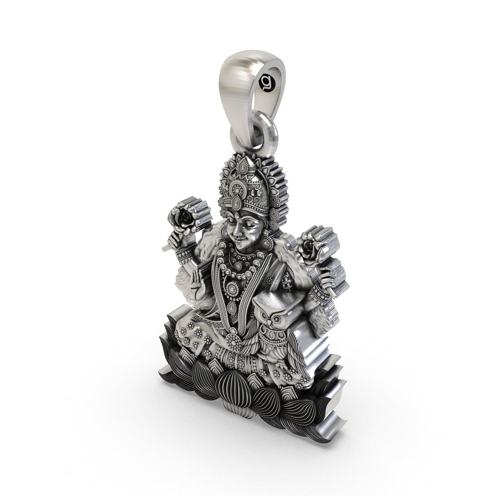 Detailed craftsmanship on the 925 silver spiritual Goddess Lakshmi pendant perfect for daily wear and puja.